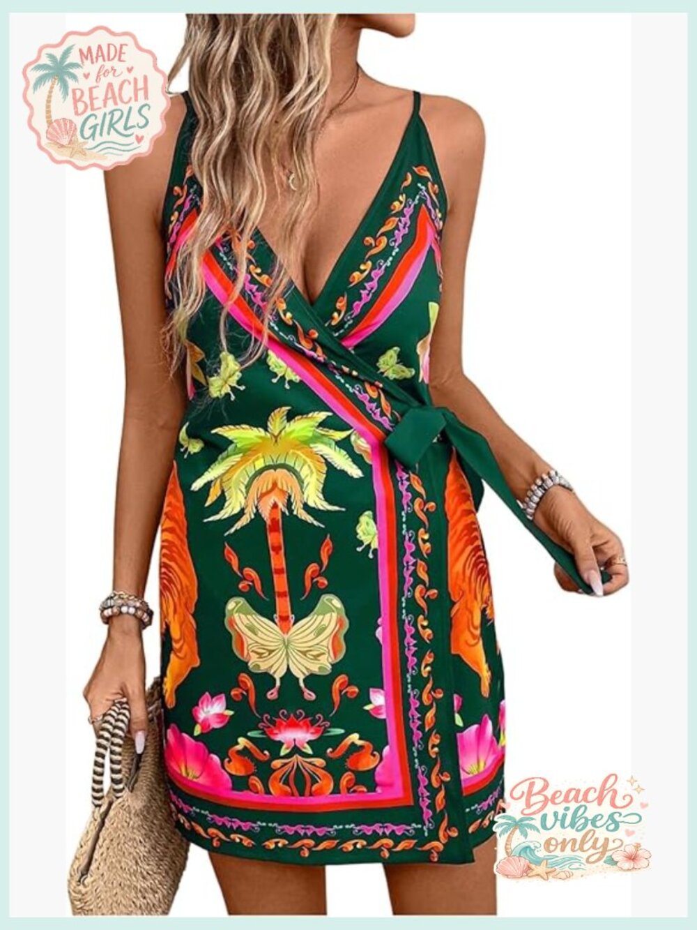 Tropical V Neck Mini Dress Sleeveless Wrap Tie Knot Boho Cami Dress